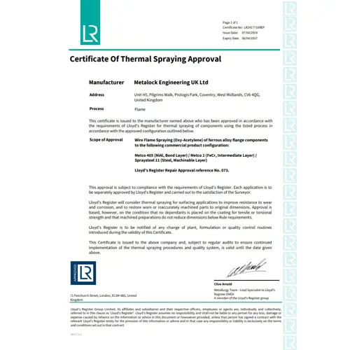 Certificate of Thermal Spraying Approval