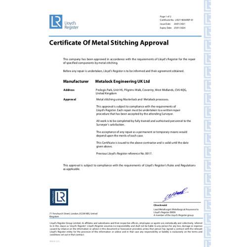 Certificate of Metal Stitching Approval