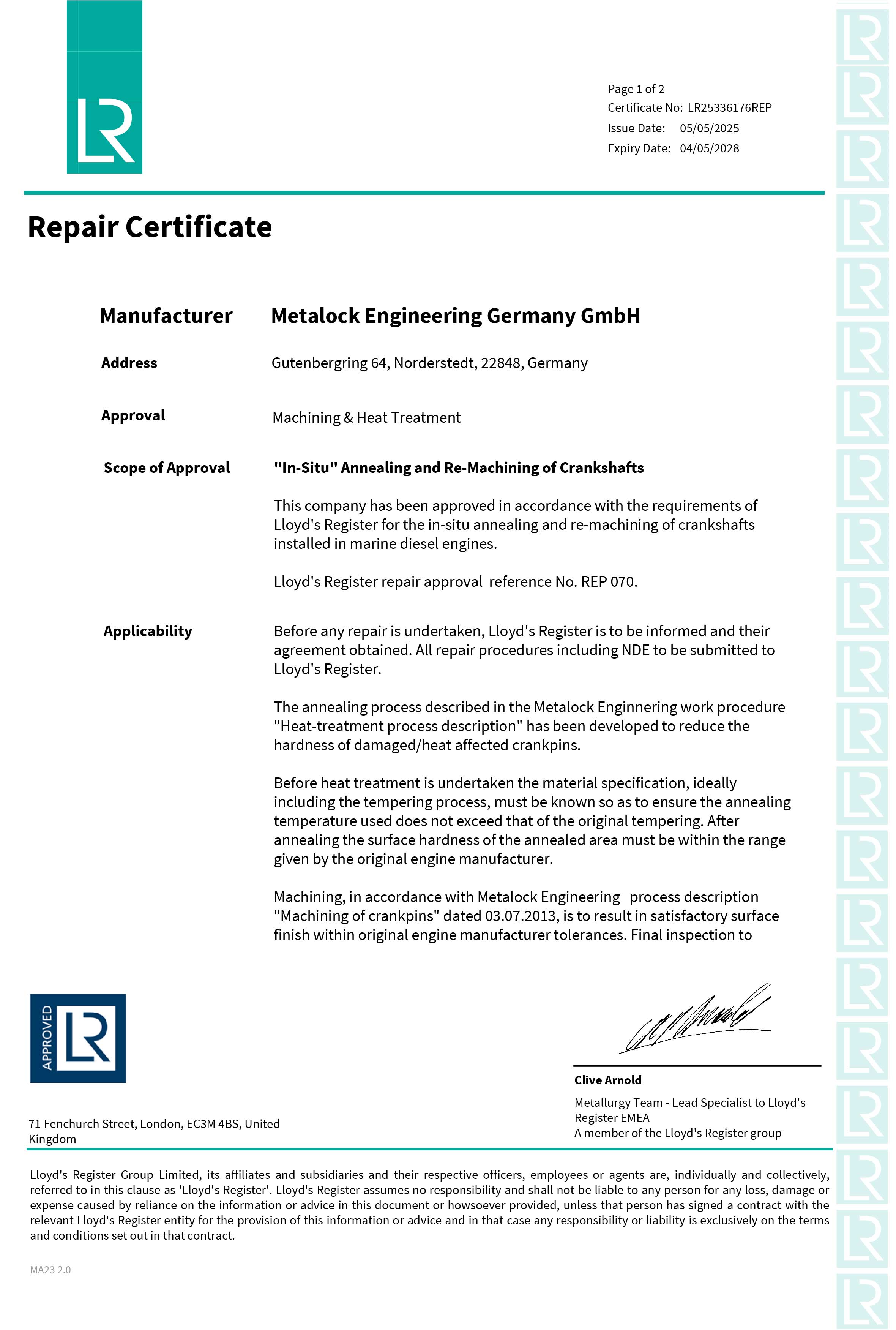 Lloyds Register – Metalock-/Masterlock Process