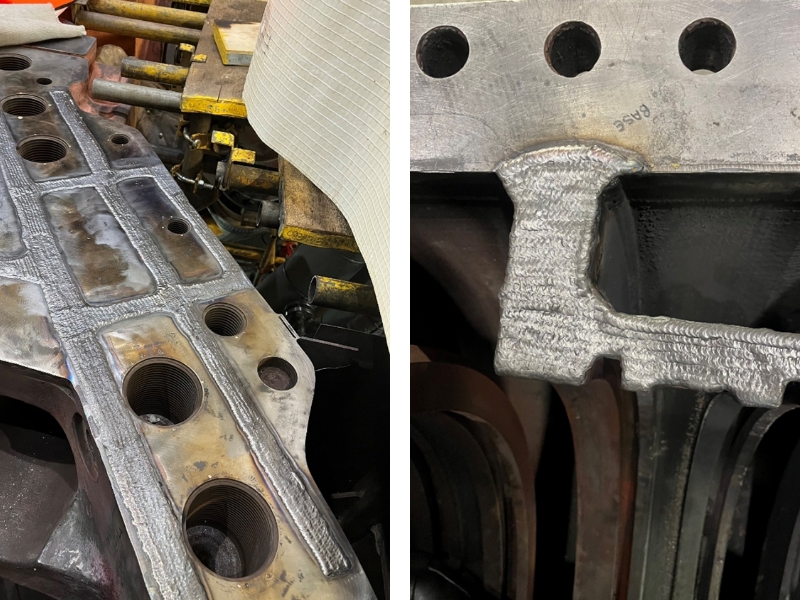 Welded split joint (left) and welded gland area (right) before final split joint re-machining.
